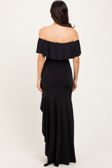 Black Off Shoulder Ruffle Hi-Low Maxi Dress