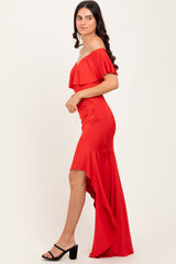 Red Off Shoulder Ruffle Hi-Low Maxi Dress
