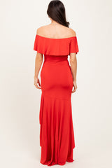 Red Off Shoulder Ruffle Hi-Low Maxi Dress