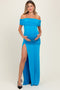 Turquoise Foldover Off Shoulder Ruched High Slit Maternity Maxi Dress