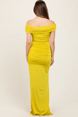 Lime Foldover Off Shoulder Ruched High Slit Maternity Maxi Dress