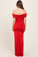 Red Foldover Off Shoulder Ruched High Slit Maternity Maxi Dress