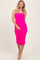 woman wearing a bright pink ruched midi dress with a fitted silhouette and off-the-shoulder straps