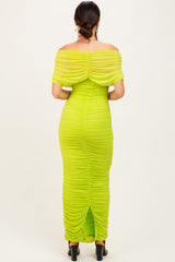 Lime Ruched Mesh Foldover Off Shoulder Maxi Dress