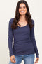 Navy Ribbed Ruched Long Sleeve Top