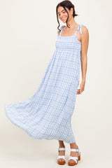 Blue Plaid Smocked Shoulder Tie Maxi Dress