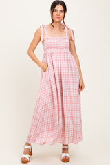 Pink Plaid Smocked Shoulder Tie Maxi Dress