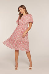 Pink Floral Ruffle Accent Maternity Midi Dress