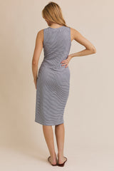 Navy Striped V-Neck Button Up Sleeveless Midi Dress