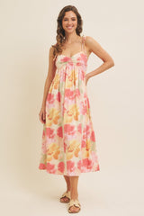 Coral Multi Floral Print Ruched Shoulder Tie Midi Dress