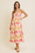 Coral Multi Floral Print Ruched Shoulder Tie Midi Dress