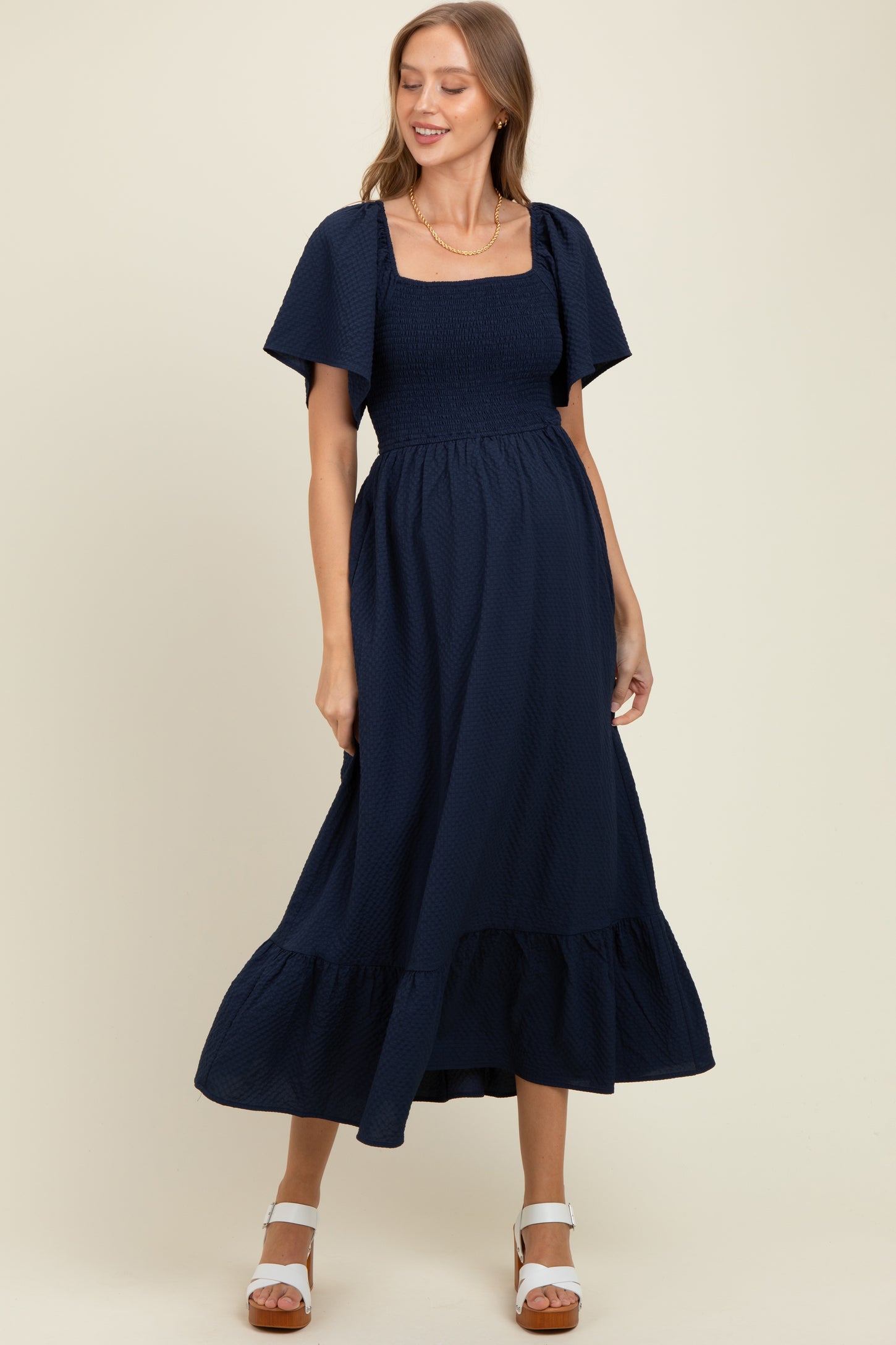 Navy Convertible Stretchy Smocked Maternity Maxi Dress