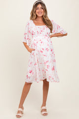 Pink Floral Smocked Maternity Midi Dress