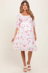 Pink Floral Smocked Maternity Midi Dress
