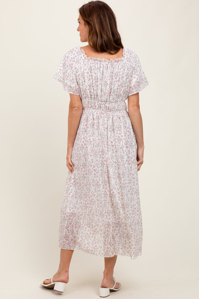 Ivory Floral Square Neck Front Tie Midi Dress