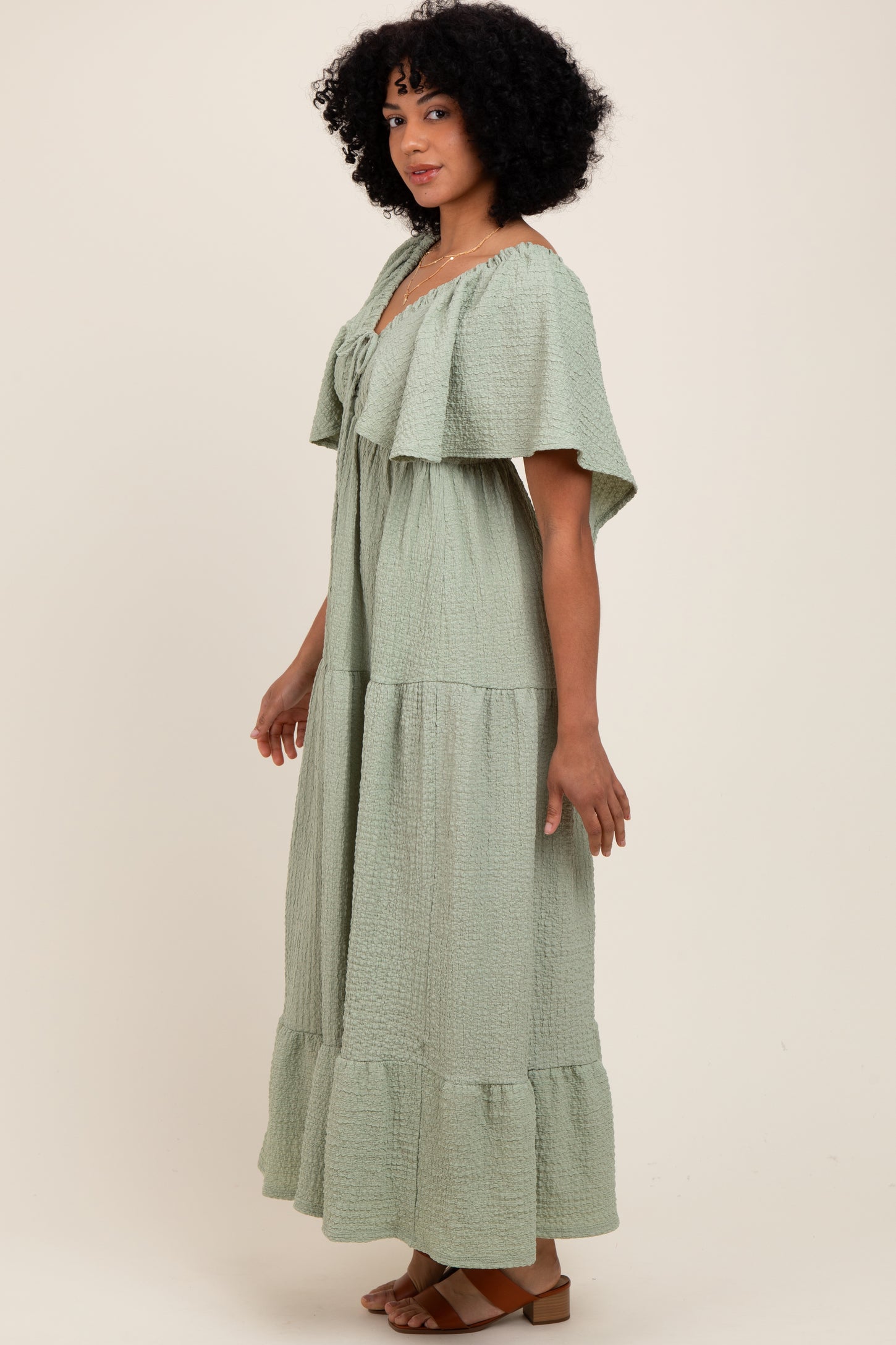 Sage Woven Textured Flutter Sleeve V-Neck Tiered Maxi Dress