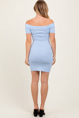 Light Blue Off Shoulder Knit Mini Dress