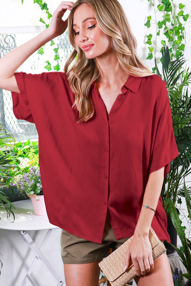 Burgundy Dolman Sleeve Button Down Blouse