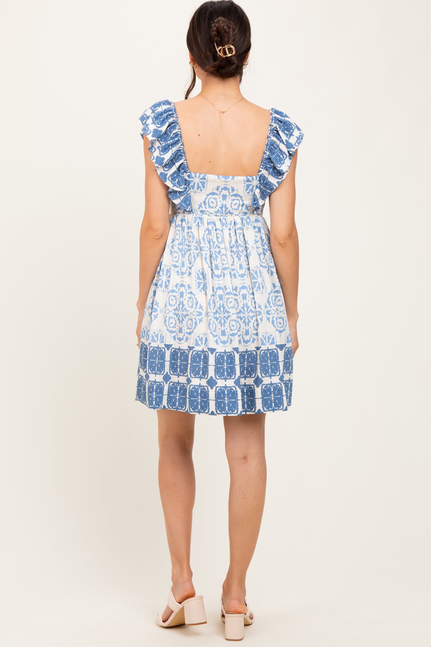Blue Damask Ruffle Sleeve Mini Dress
