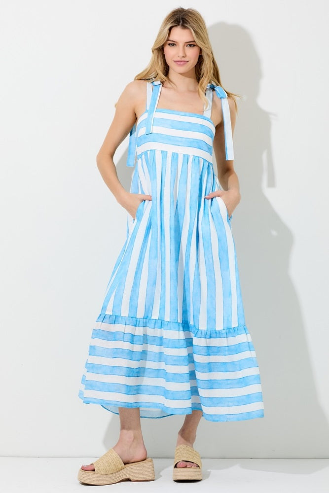 Light Blue Wide Stripe Shoulder Tie Midi Dress