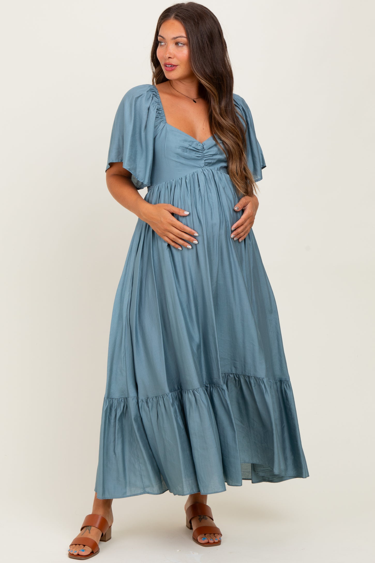 Blue Flutter Sleeve Ruffle Hem Maternity Midi Dress