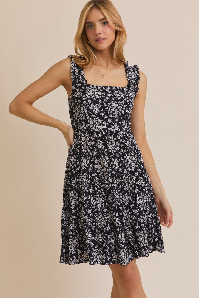 Black Floral Square Neck Ruffle Strap Tiered Dress