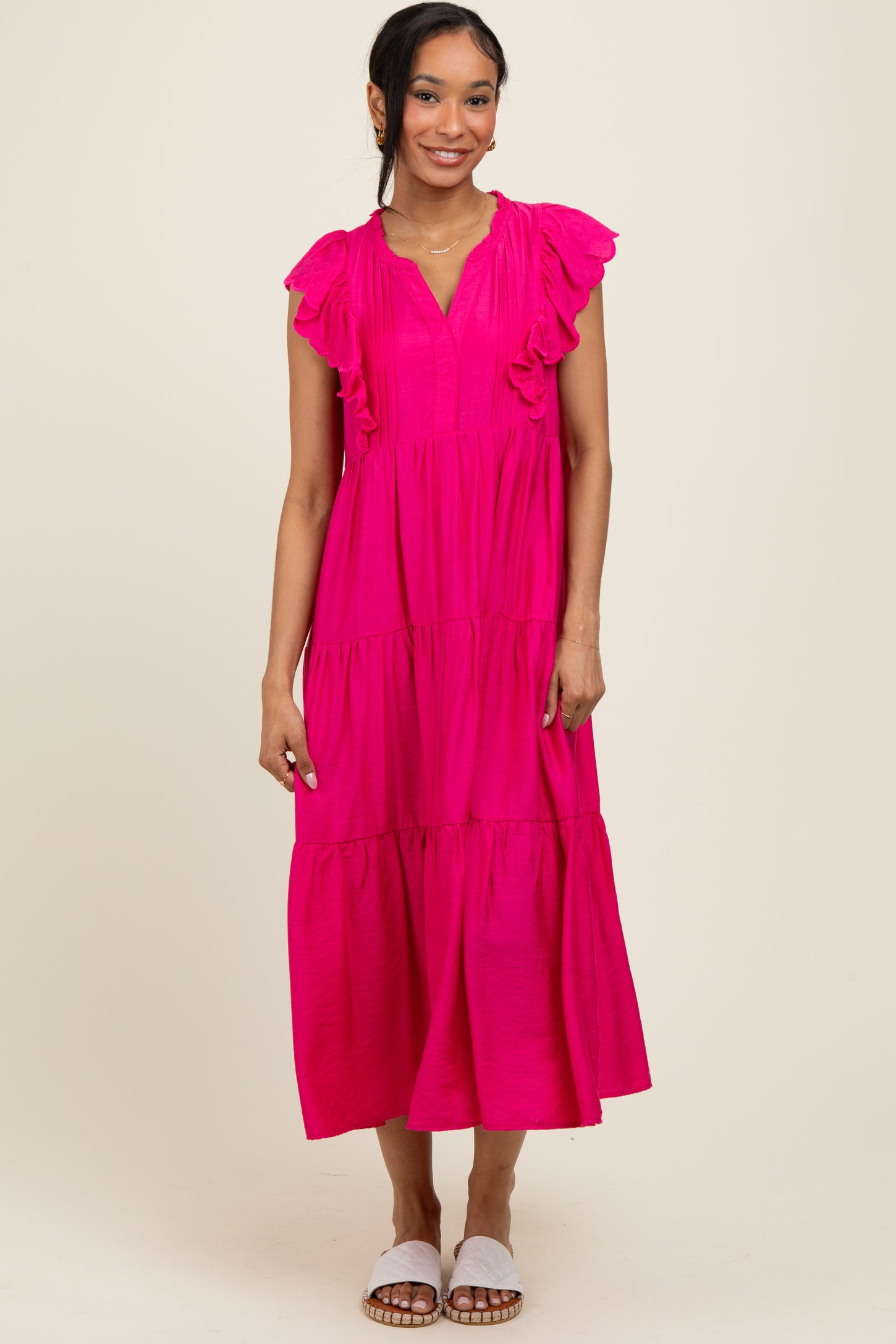 Fuchsia Ruffle Sleeve Tiered Midi Dress