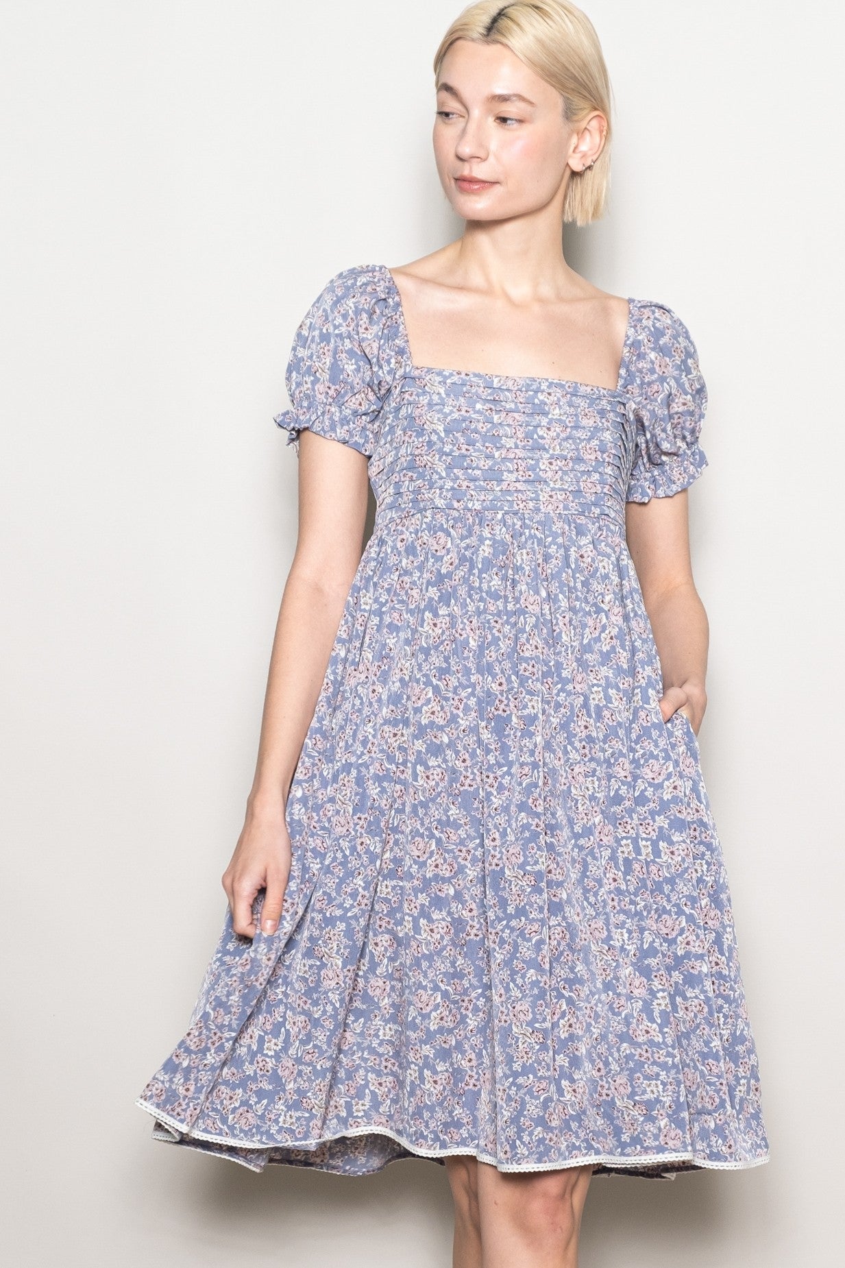 Blue Floral Pleated Bodice Puff Sleeve Dress