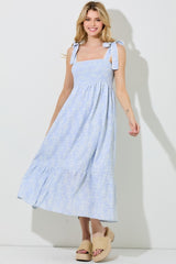 Blue Floral Smocked Shoulder Tie Midi Dress