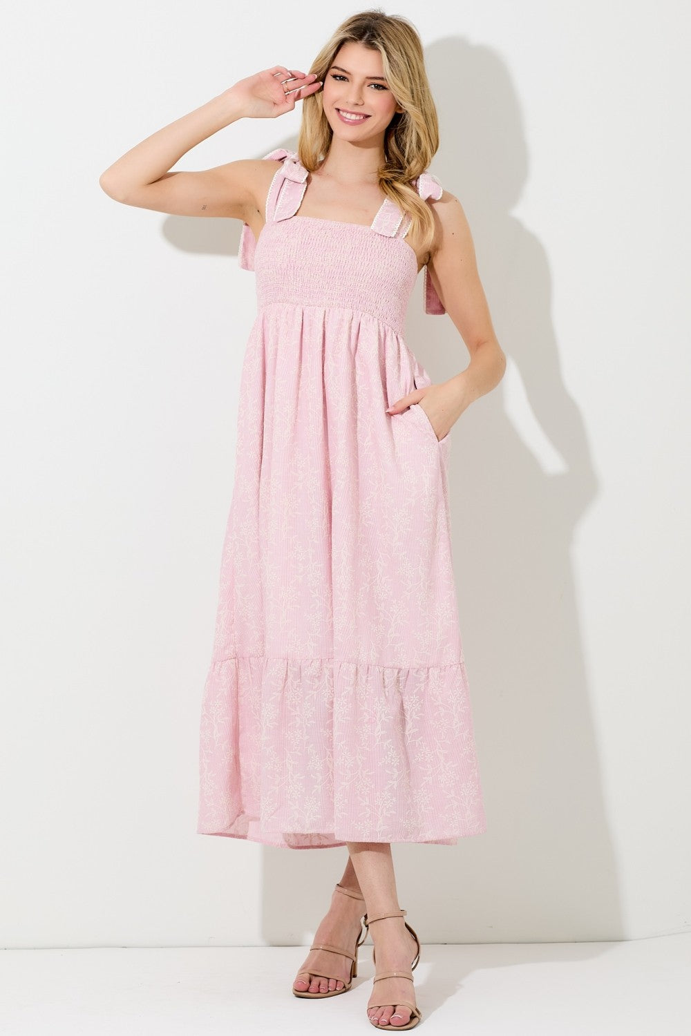 Pink Floral Smocked Shoulder Tie Maternity Midi Dress