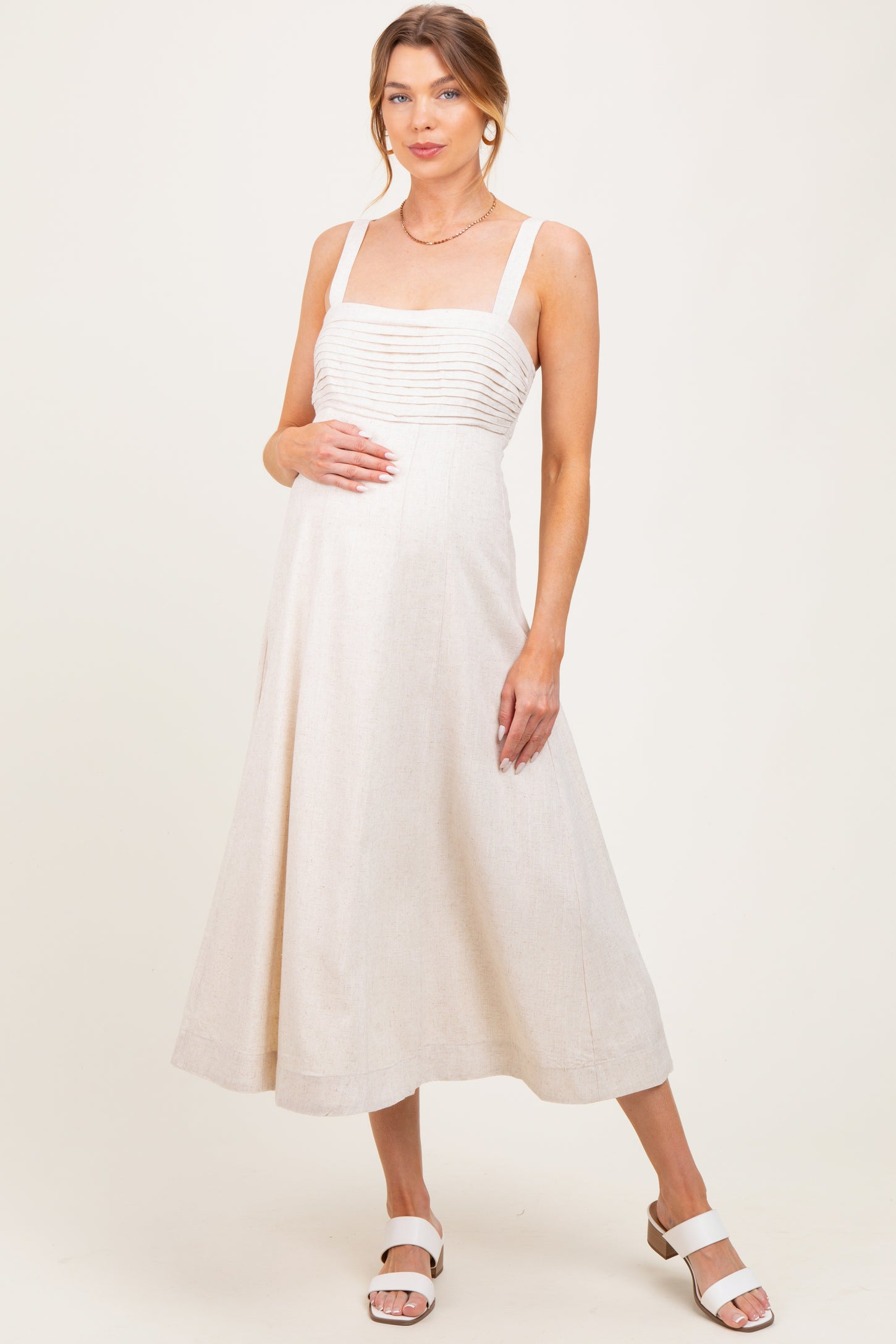 Cream Pleated Bodice Maternity Midi Dress