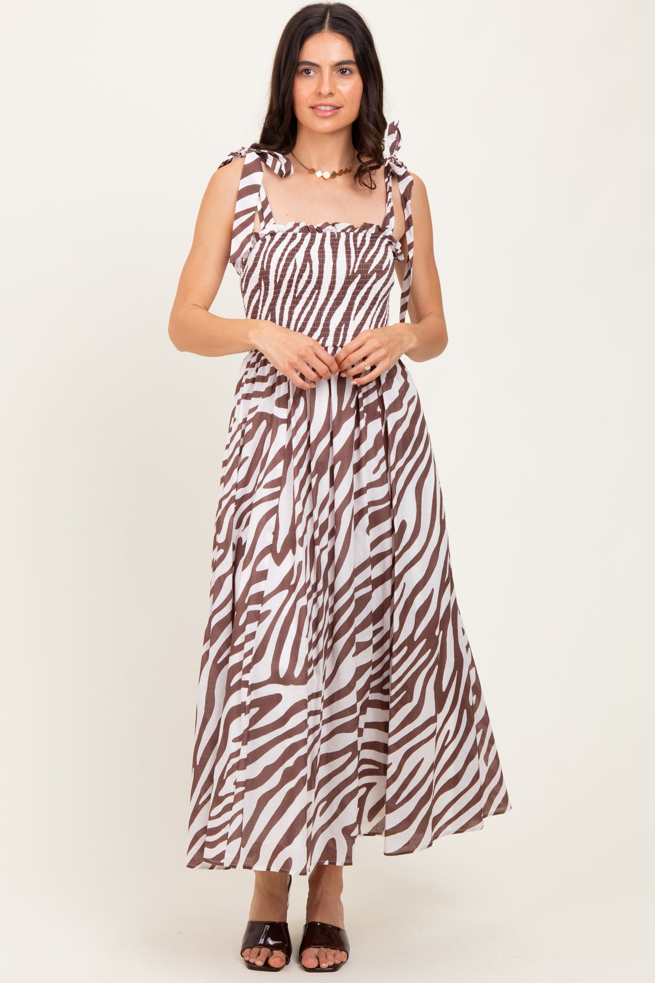 Brown Animal Print Smocked Shoulder Tie Maternity Midi Dress