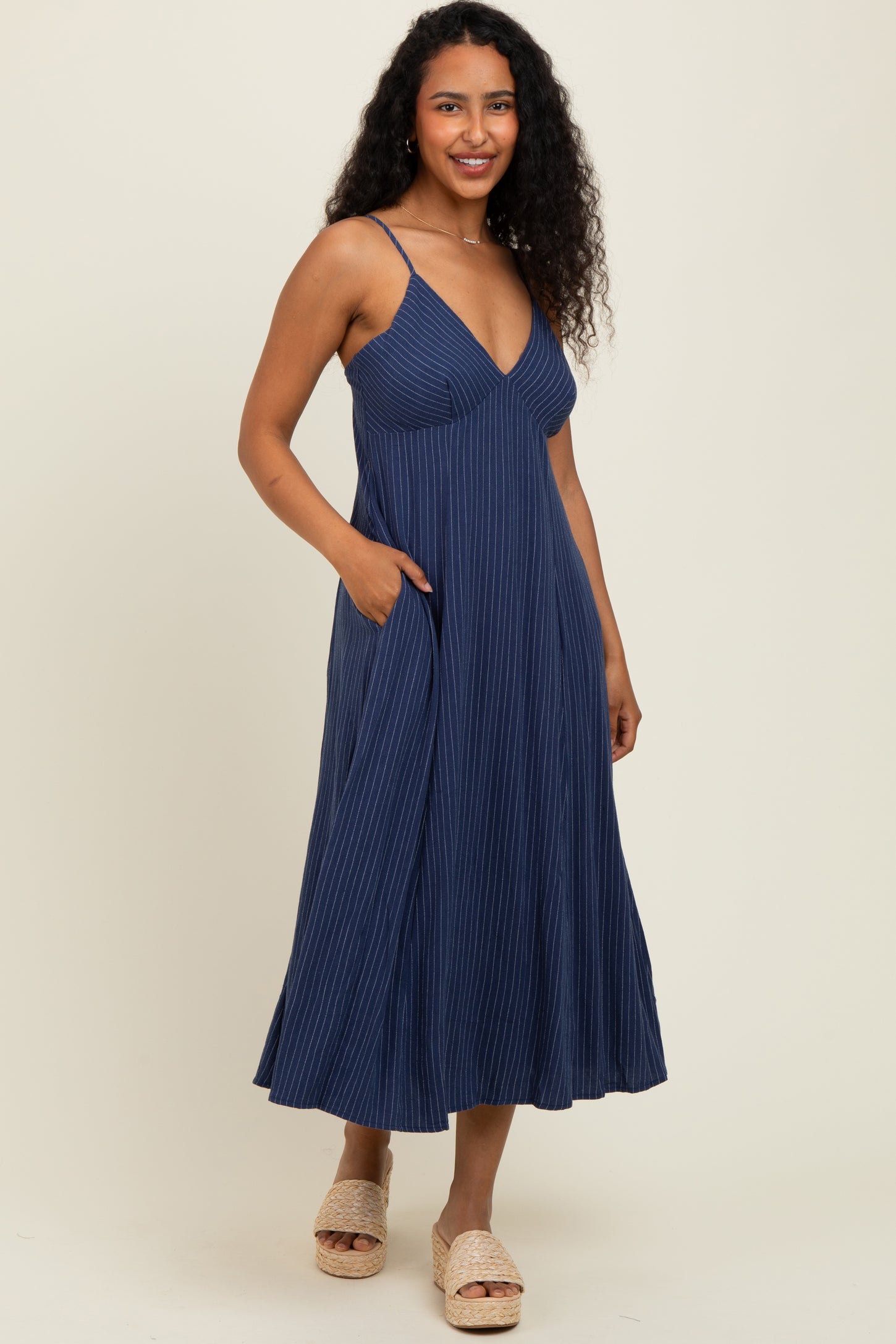 Navy/White Linen Striped Midi Dress
