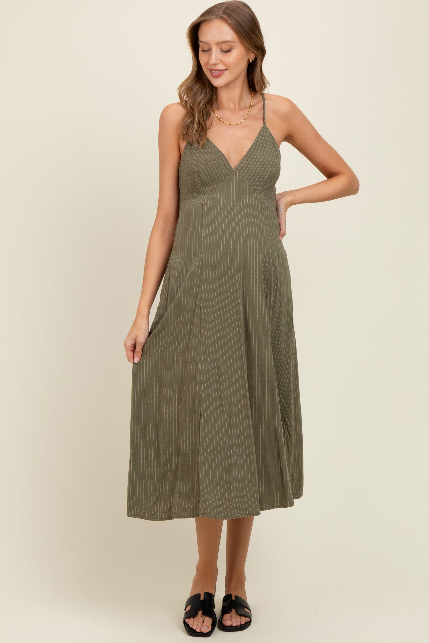 Olive/White Linen Striped Maternity Midi Dress
