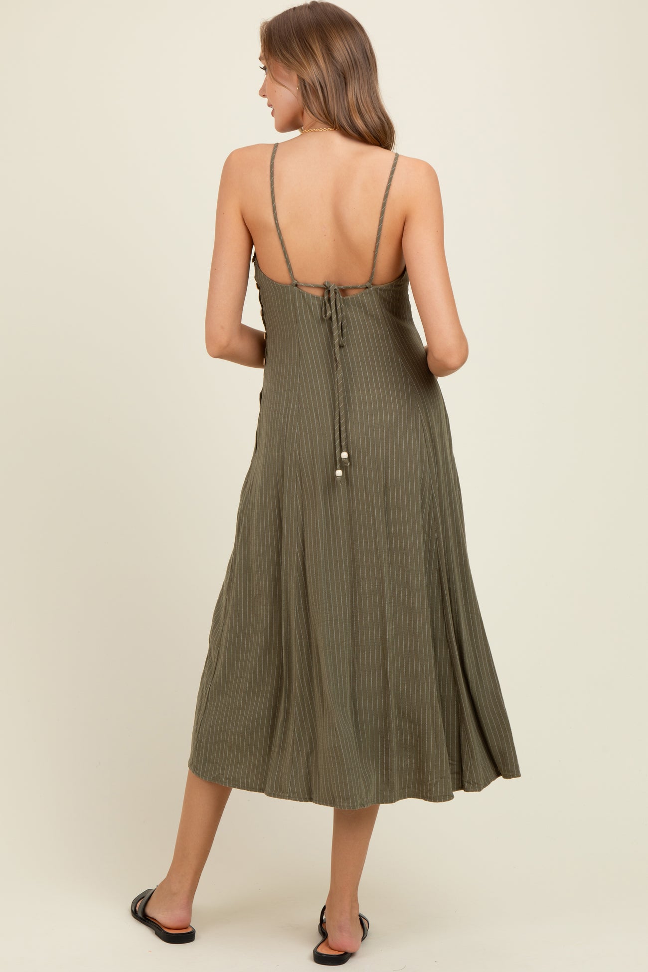 Olive/White Linen Striped Maternity Midi Dress