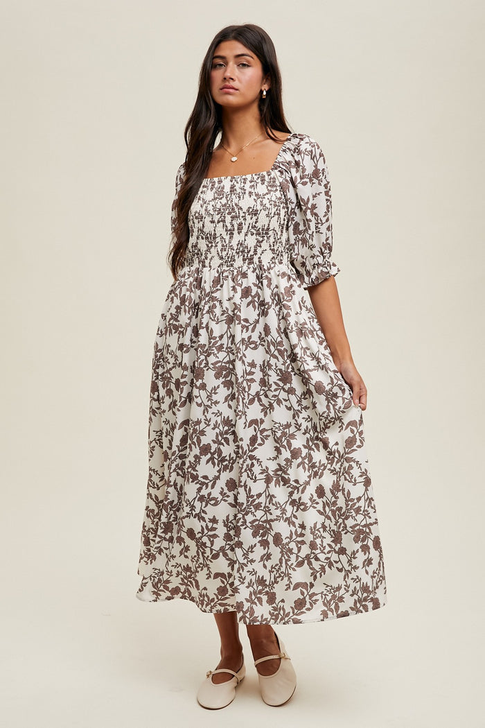 Brown Floral Smocked Puff Sleeve Midi Dress