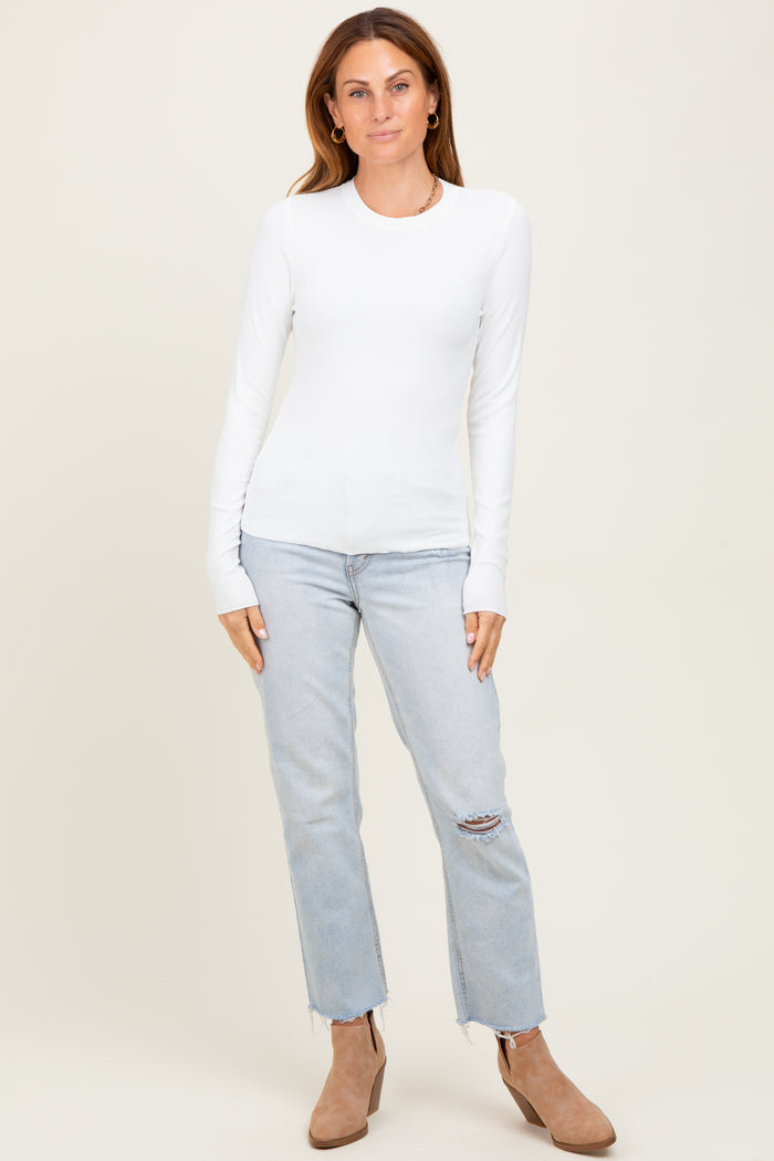 White Basic Ribbed Knit Long Sleeve Top
