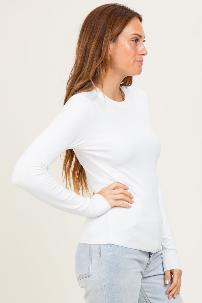 White Basic Ribbed Knit Long Sleeve Top