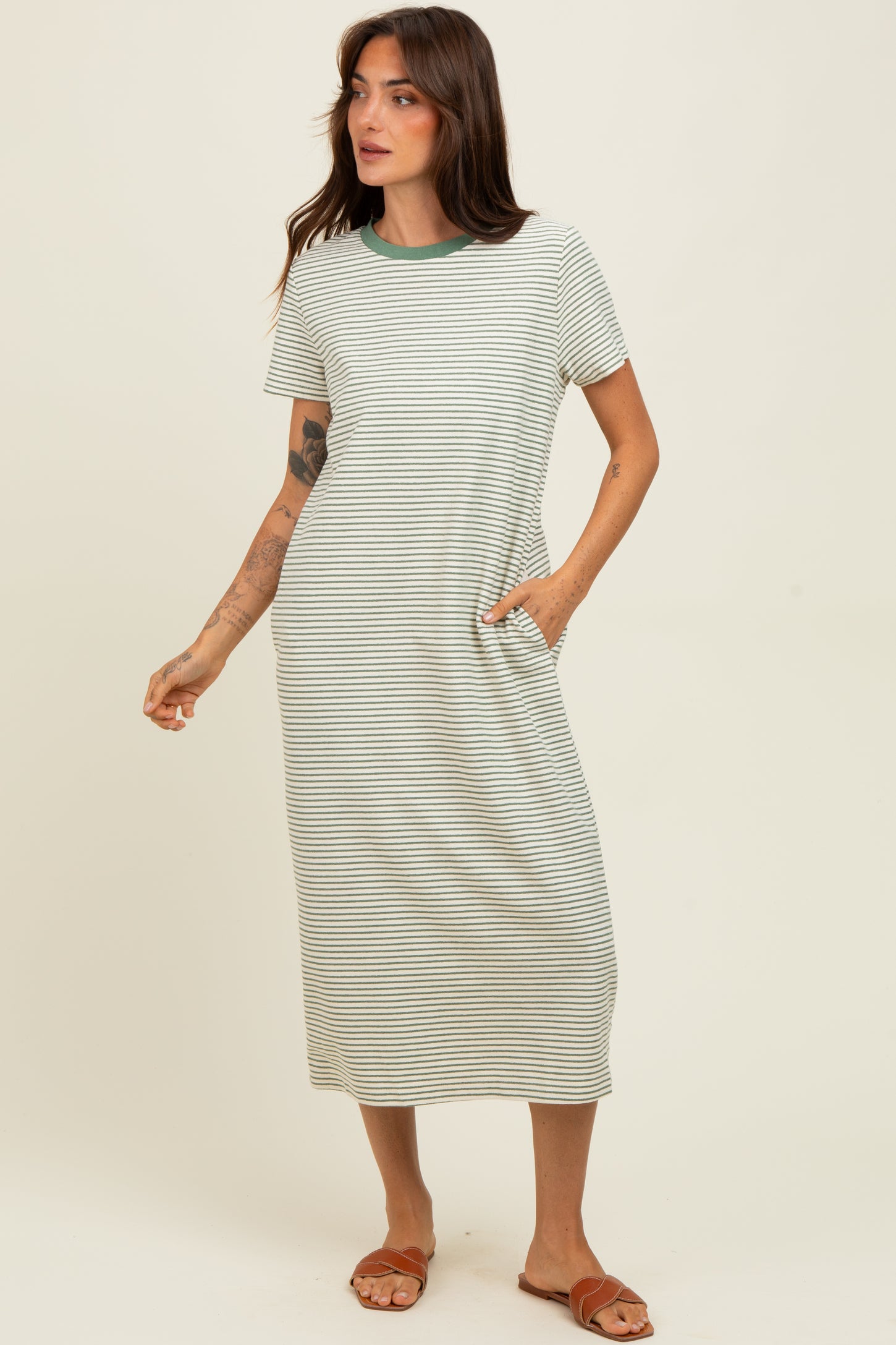 Olive Striped Short Sleeve Maternity Midi T-Shirt Dress