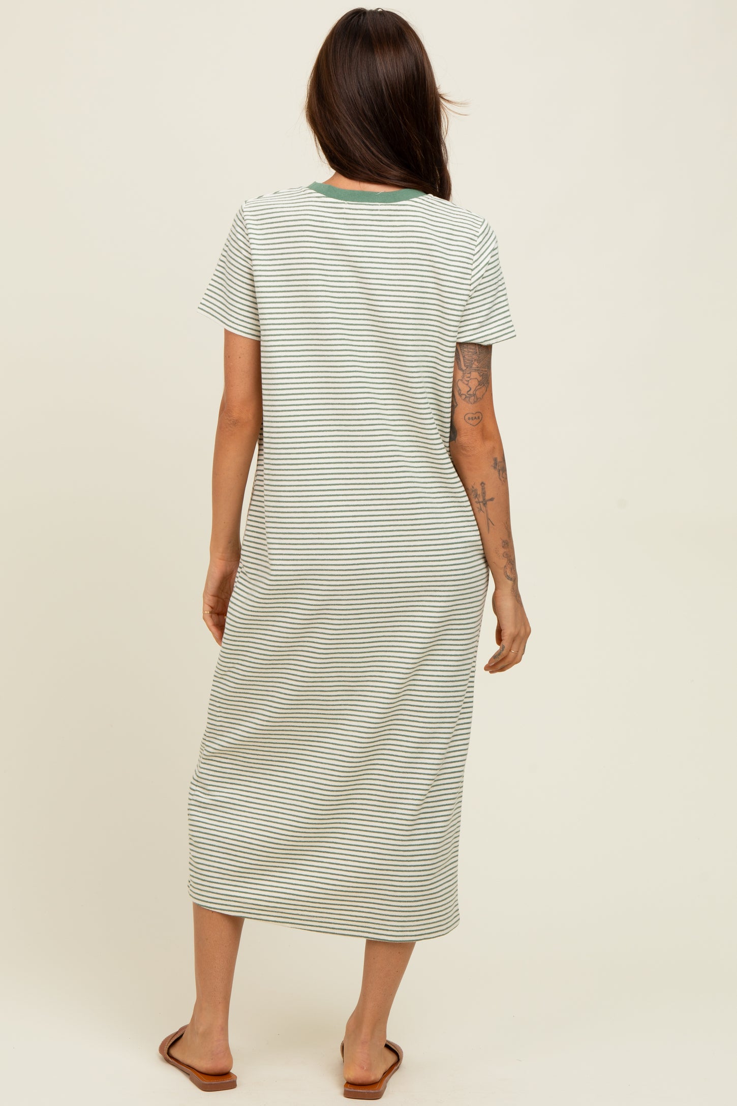 Olive Striped Short Sleeve Midi T-Shirt Dress