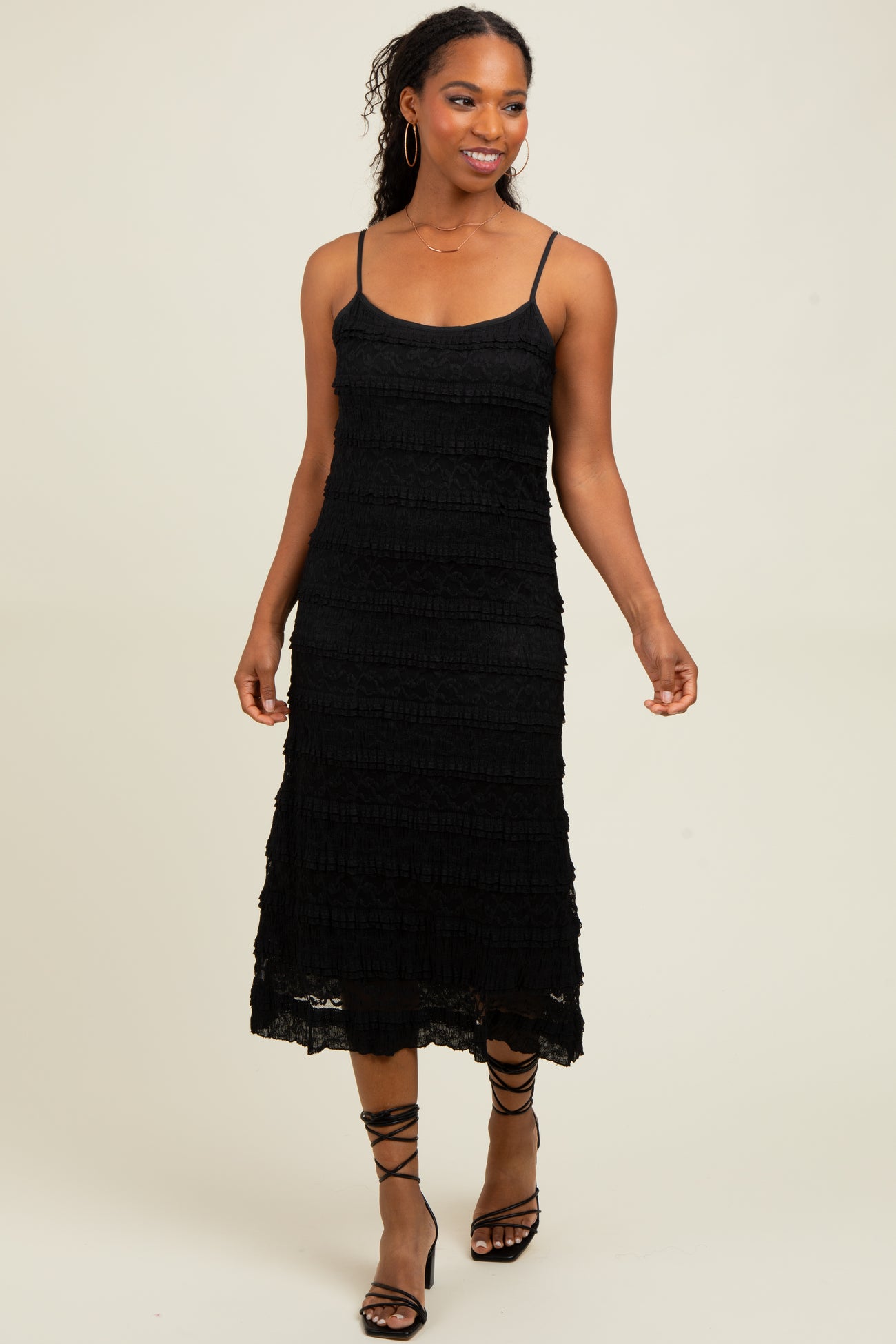 Black Lace Ruffle Trim Tiered Maternity Midi Dress
