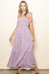 Mauve Floral Smocked Ruffle Accent Maternity Maxi Dress