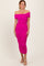 woman wearing a bright pink off-the-shoulder midi dress with ruching details and a form-fitting silhouette