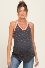 Charcoal Floral Ribbed Contrast Trim Maternity Tank Top
