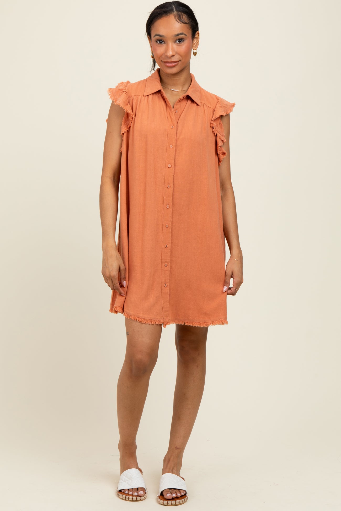 Peach Fringe Detail Ruffle Sleeve Shirt Dress