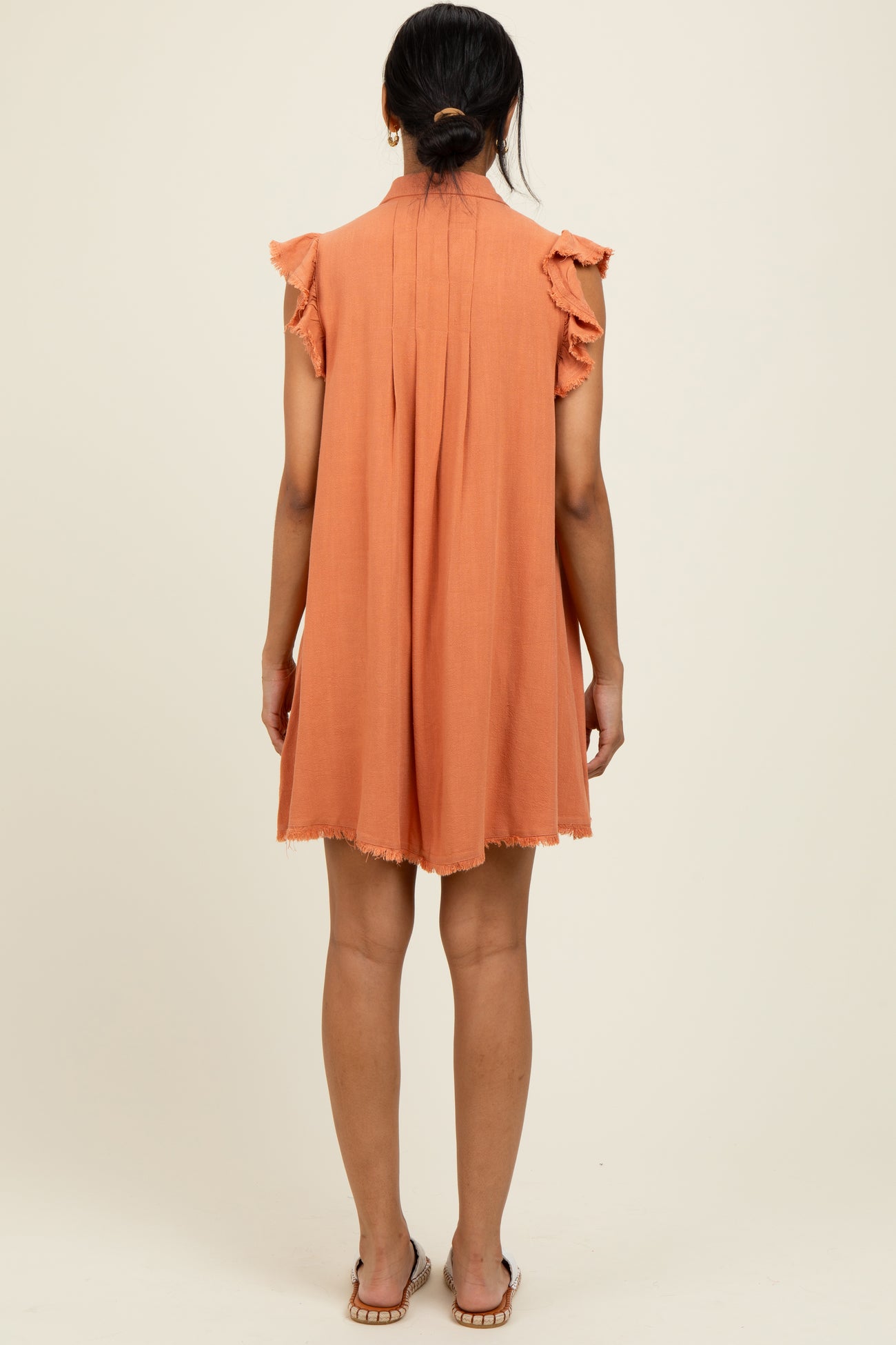 Peach Fringe Detail Ruffle Sleeve Shirt Dress