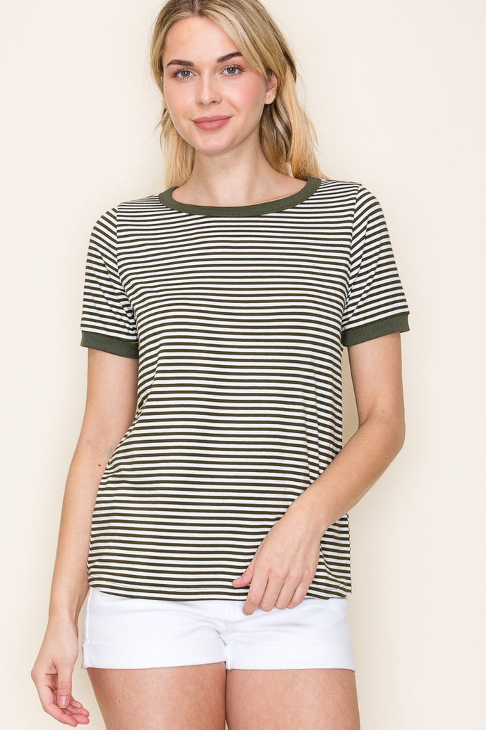 Olive Striped Short Sleeve Top