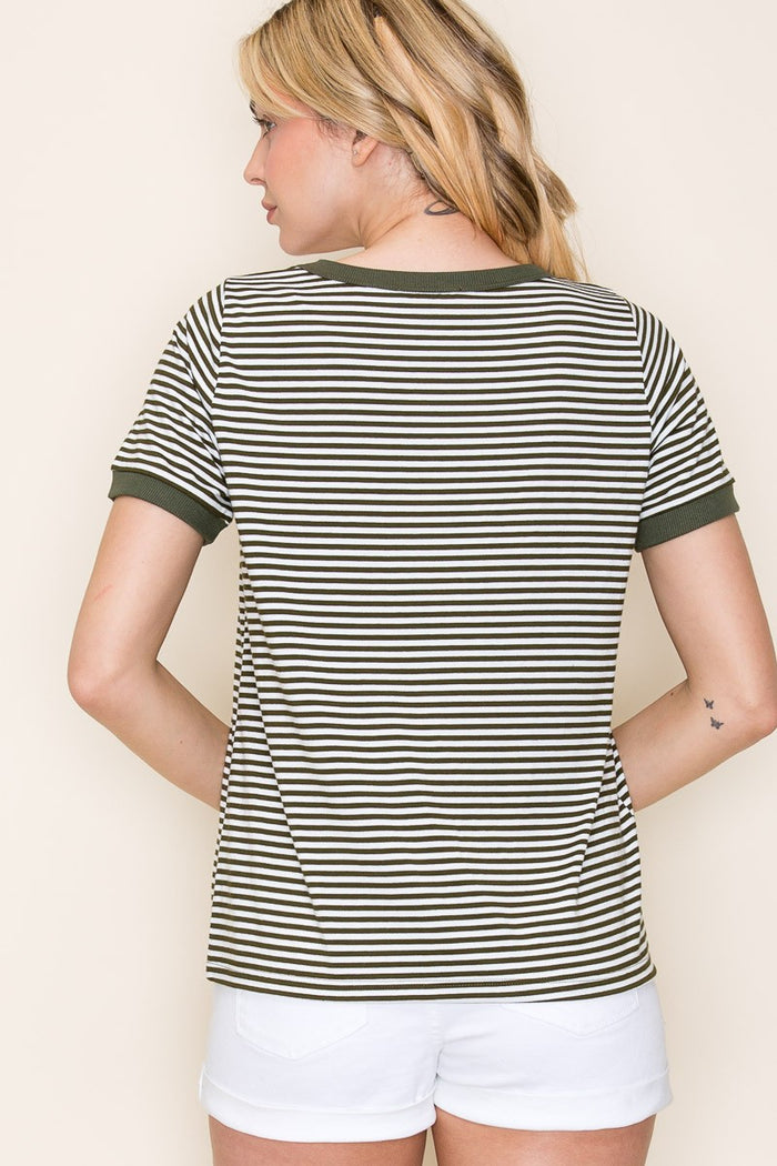 Olive Striped Short Sleeve Top