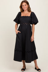 Black Wavy Trim Puff Sleeve Midi Dress