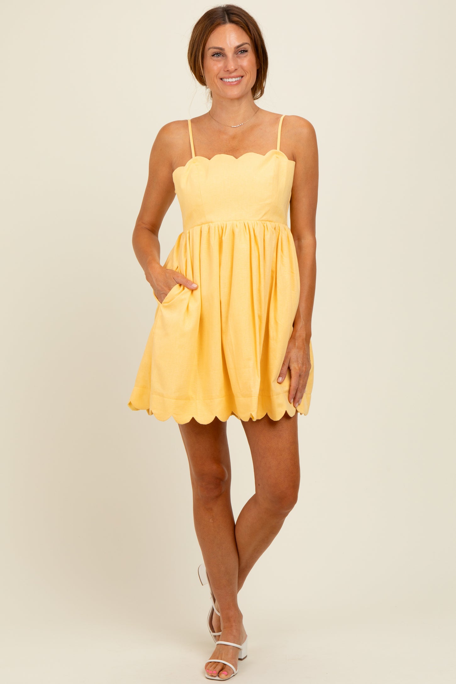 Yellow Scallop Edge Cutout Tie Back Mini Dress
